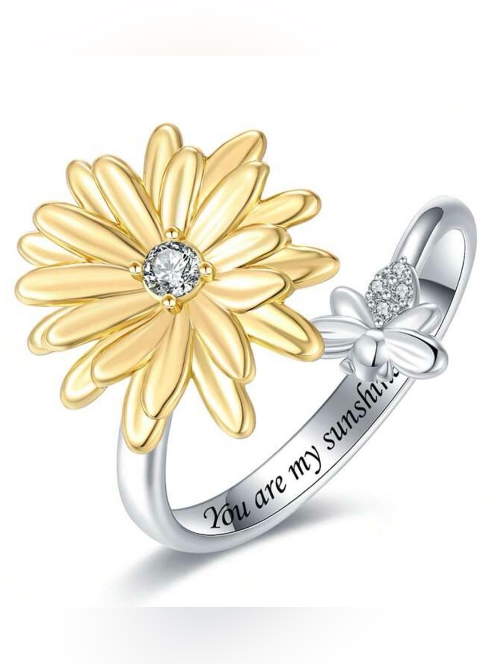 Flower and bee Zirconia Rhinestone Spinner Fidget adjustable open Ring